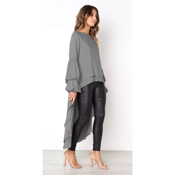 imagePRETTYGARDEN Womens Lantern Long Sleeve Round Neck High Low Asymmetrical Irregular Hem Casual Tops Blouse Shirt DressGrey