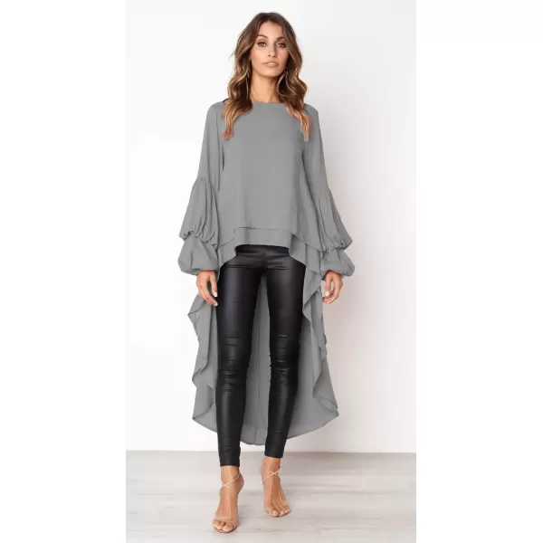 imagePRETTYGARDEN Womens Lantern Long Sleeve Round Neck High Low Asymmetrical Irregular Hem Casual Tops Blouse Shirt DressGrey
