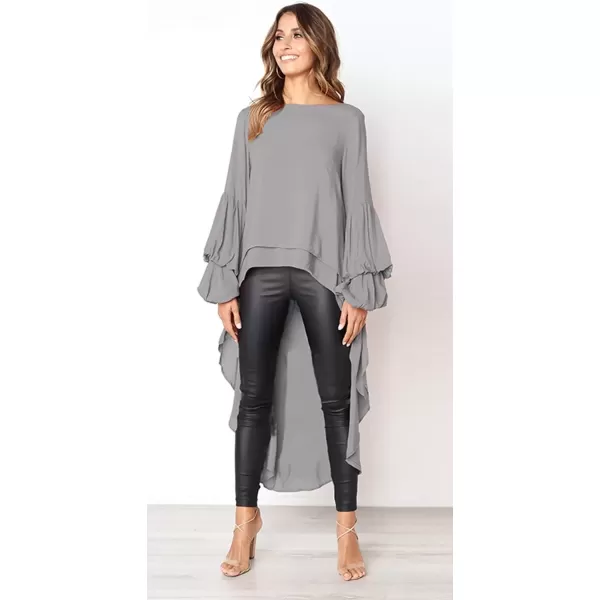 imagePRETTYGARDEN Womens Lantern Long Sleeve Round Neck High Low Asymmetrical Irregular Hem Casual Tops Blouse Shirt DressGrey