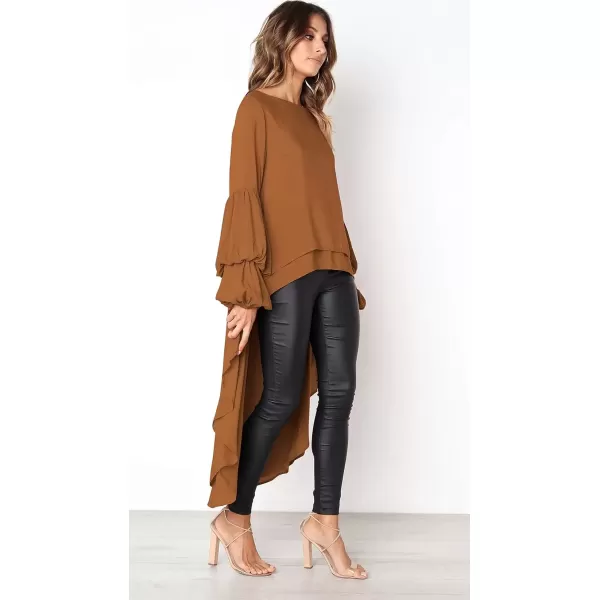imagePRETTYGARDEN Womens Lantern Long Sleeve Round Neck High Low Asymmetrical Irregular Hem Casual Tops Blouse Shirt DressKhaki