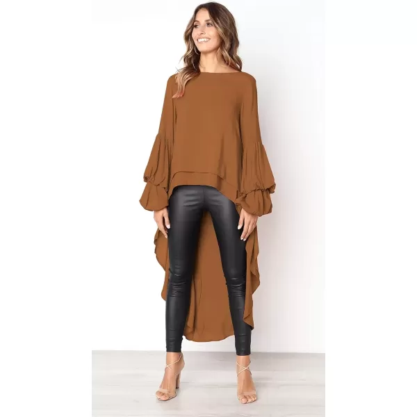 imagePRETTYGARDEN Womens Lantern Long Sleeve Round Neck High Low Asymmetrical Irregular Hem Casual Tops Blouse Shirt DressKhaki