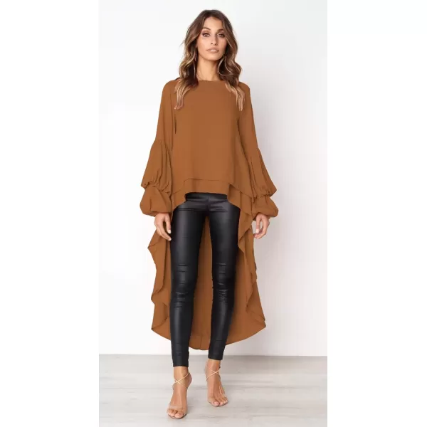imagePRETTYGARDEN Womens Lantern Long Sleeve Round Neck High Low Asymmetrical Irregular Hem Casual Tops Blouse Shirt DressKhaki