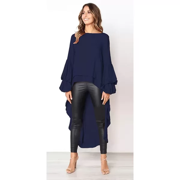 imagePRETTYGARDEN Womens Lantern Long Sleeve Round Neck High Low Asymmetrical Irregular Hem Casual Tops Blouse Shirt DressNavy