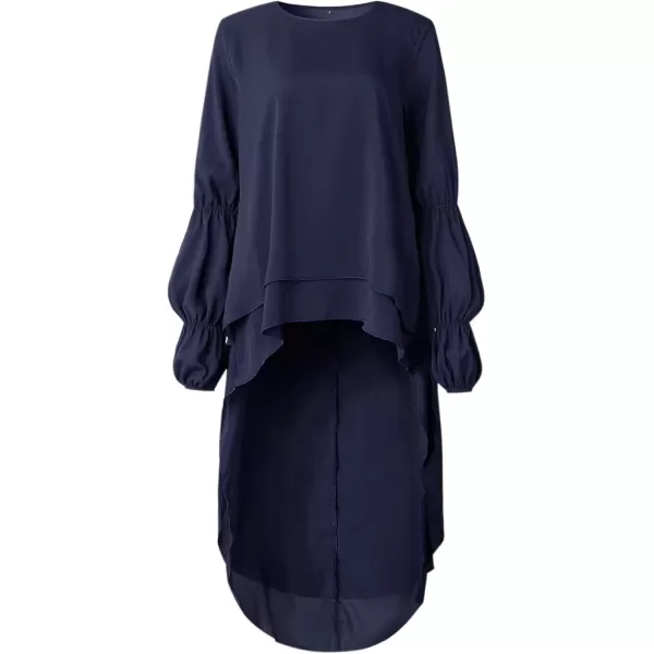 imagePRETTYGARDEN Womens Lantern Long Sleeve Round Neck High Low Asymmetrical Irregular Hem Casual Tops Blouse Shirt DressNavy