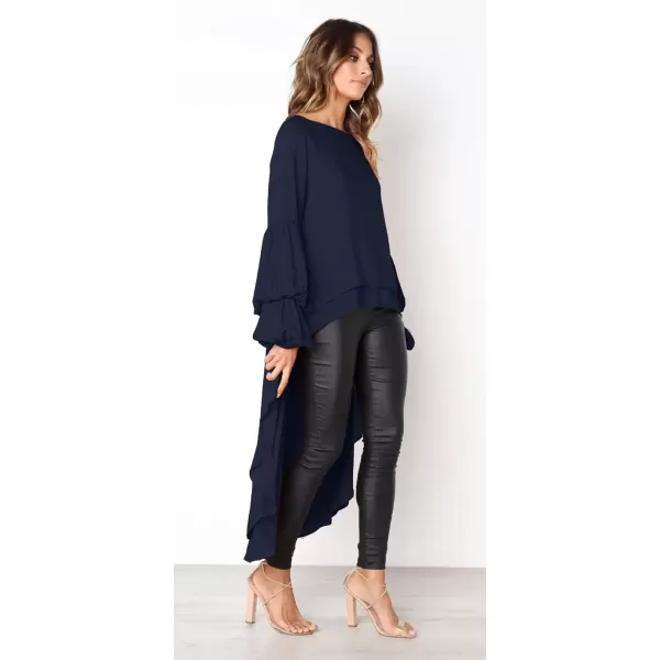imagePRETTYGARDEN Womens Lantern Long Sleeve Round Neck High Low Asymmetrical Irregular Hem Casual Tops Blouse Shirt DressNavy