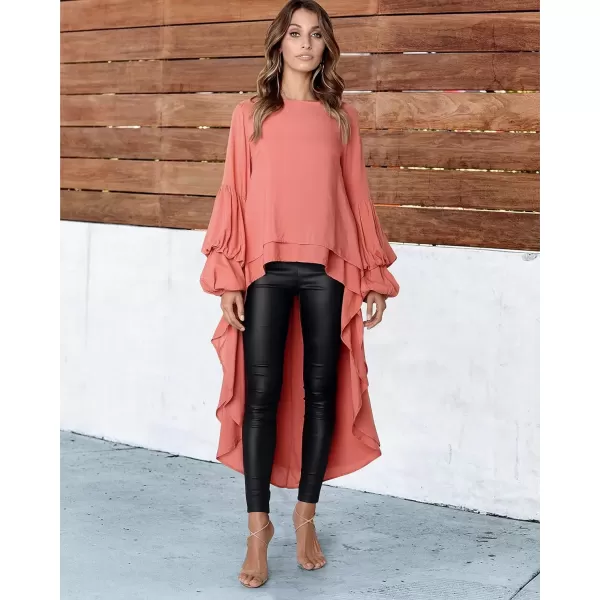 imagePRETTYGARDEN Womens Lantern Long Sleeve Round Neck High Low Asymmetrical Irregular Hem Casual Tops Blouse Shirt DressOrange
