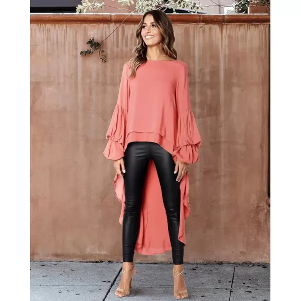 imagePRETTYGARDEN Womens Lantern Long Sleeve Round Neck High Low Asymmetrical Irregular Hem Casual Tops Blouse Shirt DressOrange
