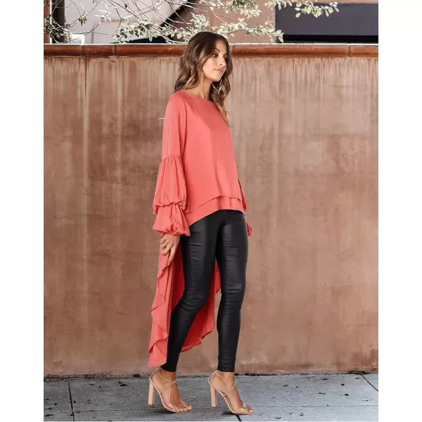 imagePRETTYGARDEN Womens Lantern Long Sleeve Round Neck High Low Asymmetrical Irregular Hem Casual Tops Blouse Shirt DressOrange
