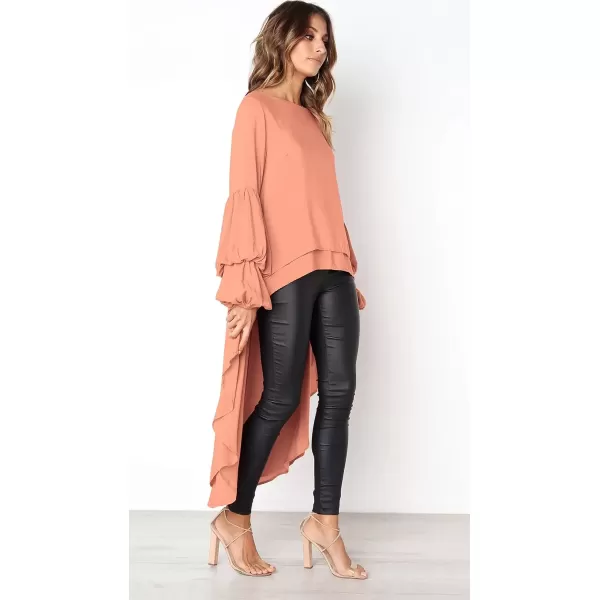 imagePRETTYGARDEN Womens Lantern Long Sleeve Round Neck High Low Asymmetrical Irregular Hem Casual Tops Blouse Shirt DressPink