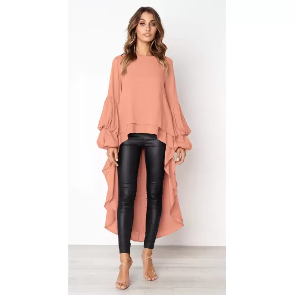 imagePRETTYGARDEN Womens Lantern Long Sleeve Round Neck High Low Asymmetrical Irregular Hem Casual Tops Blouse Shirt DressPink
