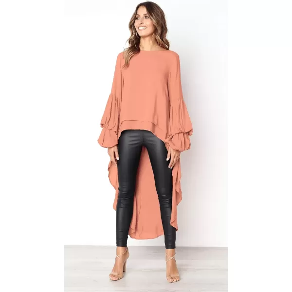imagePRETTYGARDEN Womens Lantern Long Sleeve Round Neck High Low Asymmetrical Irregular Hem Casual Tops Blouse Shirt DressPink