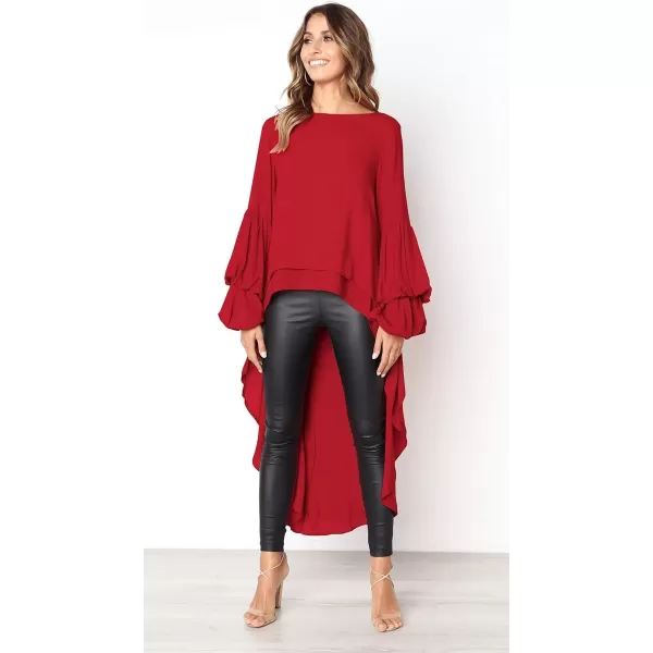 imagePRETTYGARDEN Womens Lantern Long Sleeve Round Neck High Low Asymmetrical Irregular Hem Casual Tops Blouse Shirt DressRed