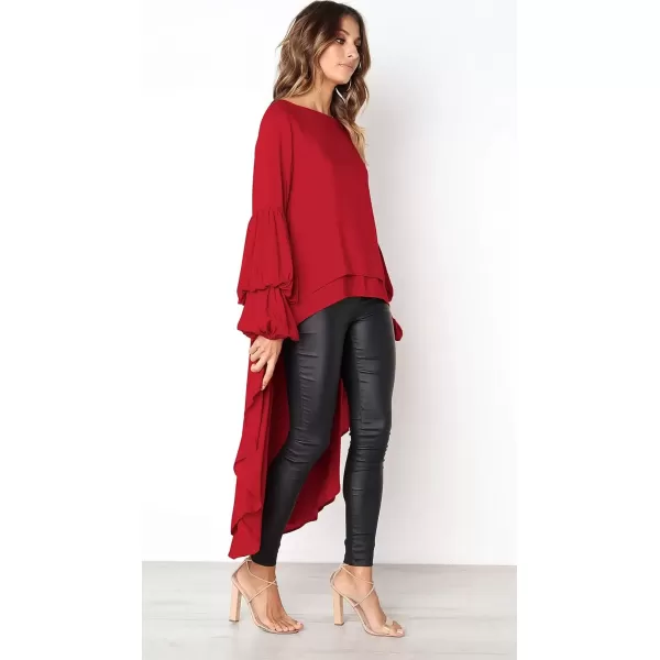 imagePRETTYGARDEN Womens Lantern Long Sleeve Round Neck High Low Asymmetrical Irregular Hem Casual Tops Blouse Shirt DressRed