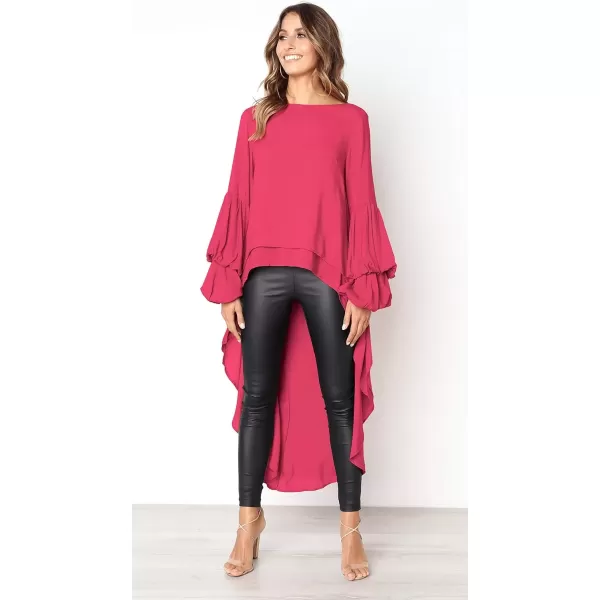 imagePRETTYGARDEN Womens Lantern Long Sleeve Round Neck High Low Asymmetrical Irregular Hem Casual Tops Blouse Shirt DressRose Red