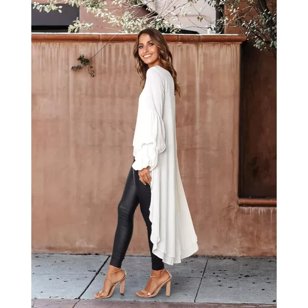 imagePRETTYGARDEN Womens Lantern Long Sleeve Round Neck High Low Asymmetrical Irregular Hem Casual Tops Blouse Shirt DressWhite