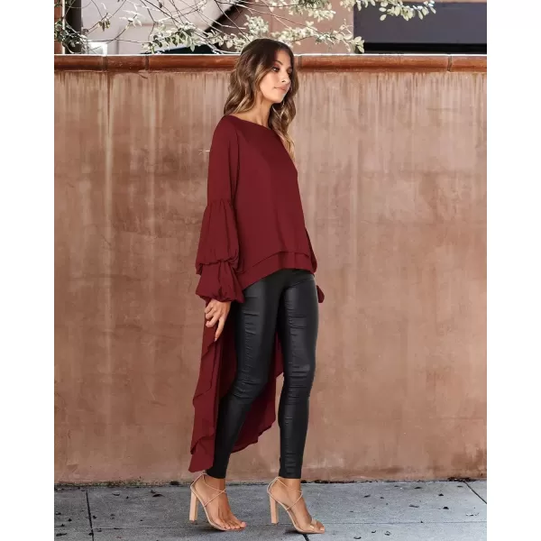 imagePRETTYGARDEN Womens Lantern Long Sleeve Round Neck High Low Asymmetrical Irregular Hem Casual Tops Blouse Shirt DressWine Red