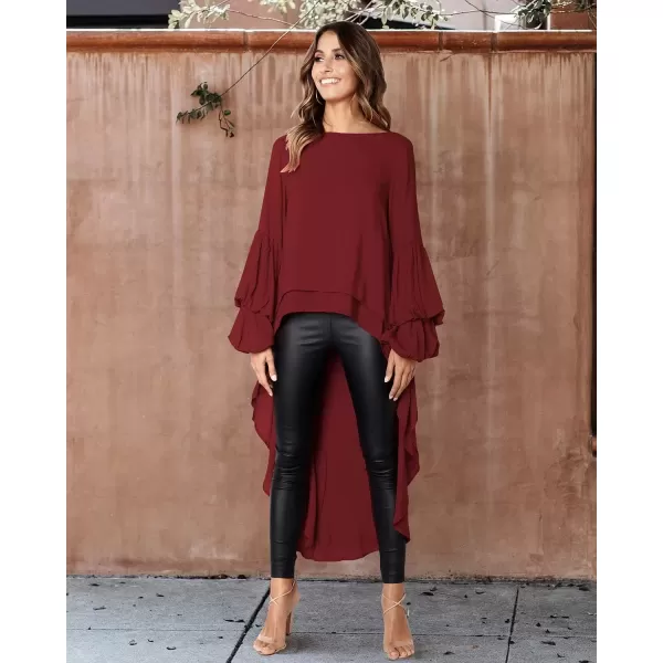 imagePRETTYGARDEN Womens Lantern Long Sleeve Round Neck High Low Asymmetrical Irregular Hem Casual Tops Blouse Shirt DressWine Red