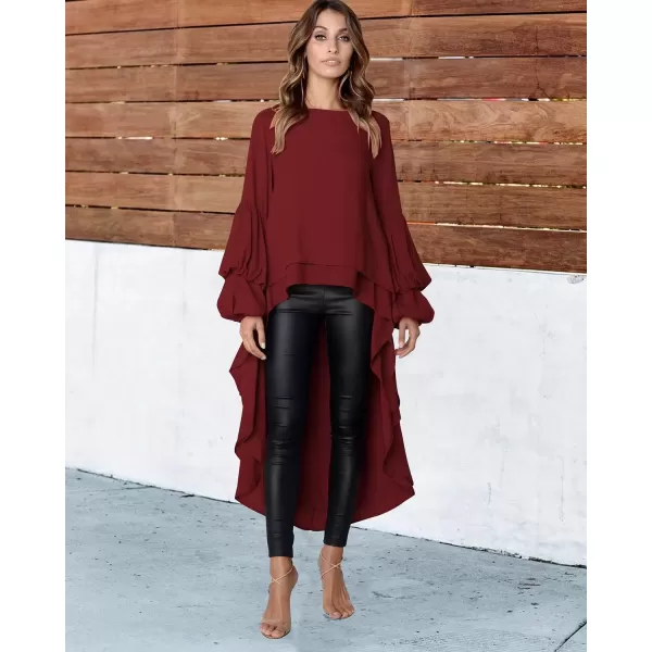imagePRETTYGARDEN Womens Lantern Long Sleeve Round Neck High Low Asymmetrical Irregular Hem Casual Tops Blouse Shirt DressWine Red