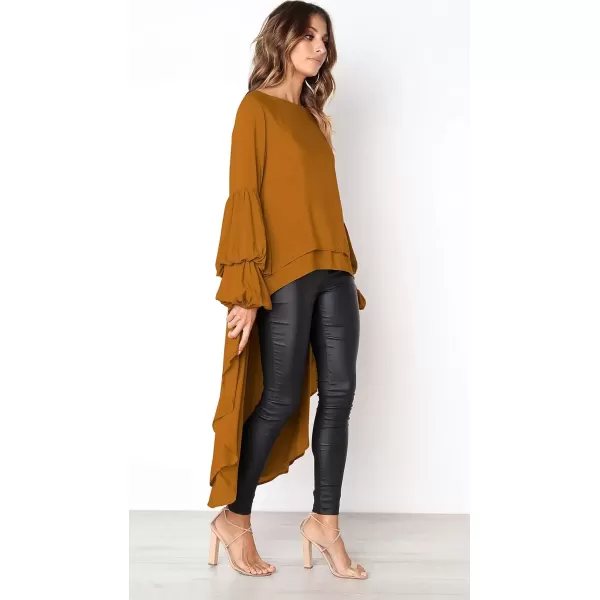 imagePRETTYGARDEN Womens Lantern Long Sleeve Round Neck High Low Asymmetrical Irregular Hem Casual Tops Blouse Shirt DressYellow