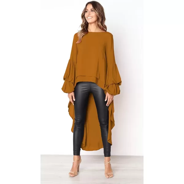 imagePRETTYGARDEN Womens Lantern Long Sleeve Round Neck High Low Asymmetrical Irregular Hem Casual Tops Blouse Shirt DressYellow
