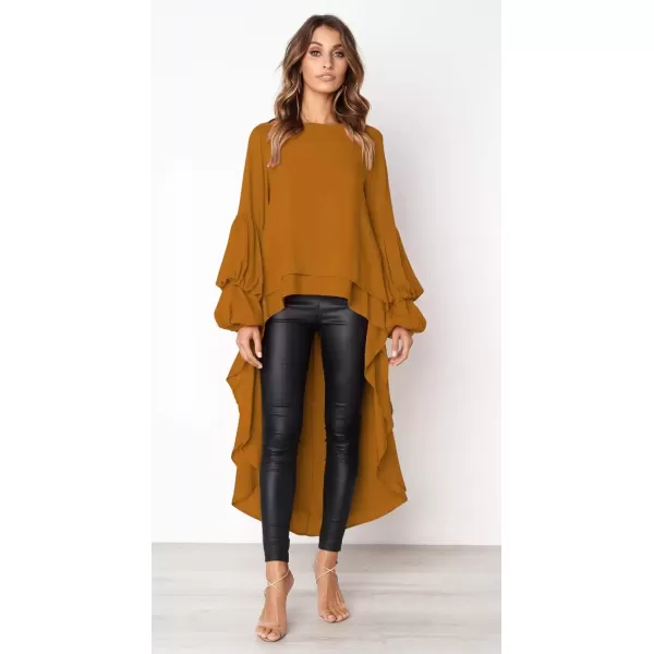 imagePRETTYGARDEN Womens Lantern Long Sleeve Round Neck High Low Asymmetrical Irregular Hem Casual Tops Blouse Shirt DressYellow