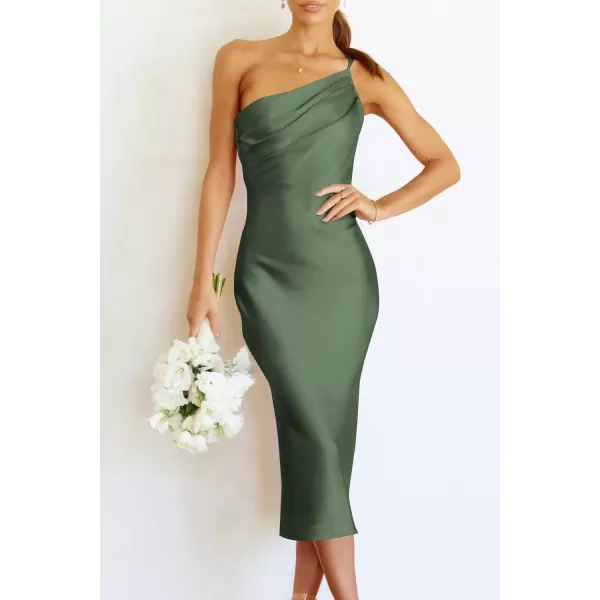 imagePRETTYGARDEN Womens Midi Satin Dress One Shoulder Spaghetti Strap Backless Ruched Summer Bodycon DressesArmy Green