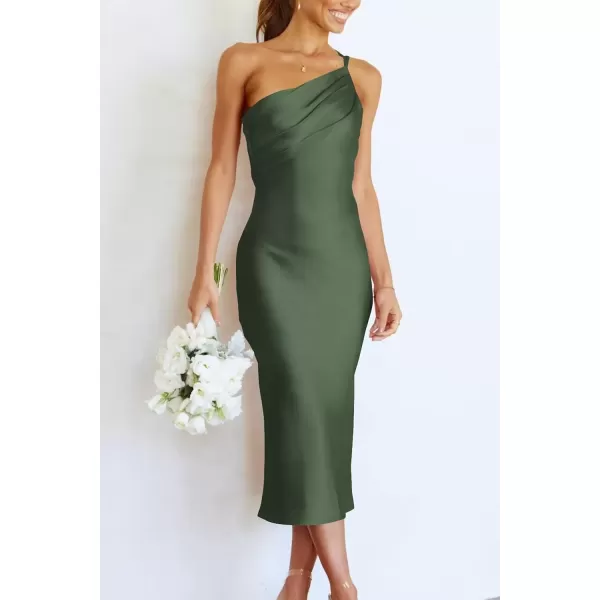 imagePRETTYGARDEN Womens Midi Satin Dress One Shoulder Spaghetti Strap Backless Ruched Summer Bodycon DressesArmy Green