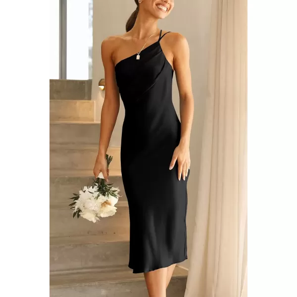 imagePRETTYGARDEN Womens Midi Satin Dress One Shoulder Spaghetti Strap Backless Ruched Summer Bodycon DressesBlack