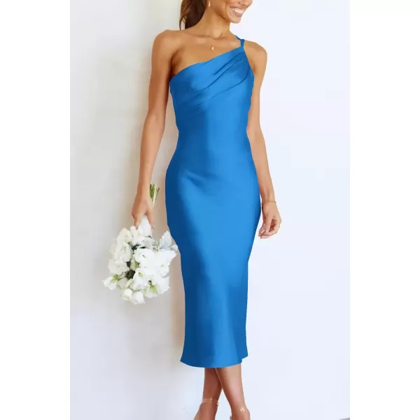 imagePRETTYGARDEN Womens Midi Satin Dress One Shoulder Spaghetti Strap Backless Ruched Summer Bodycon DressesBlue