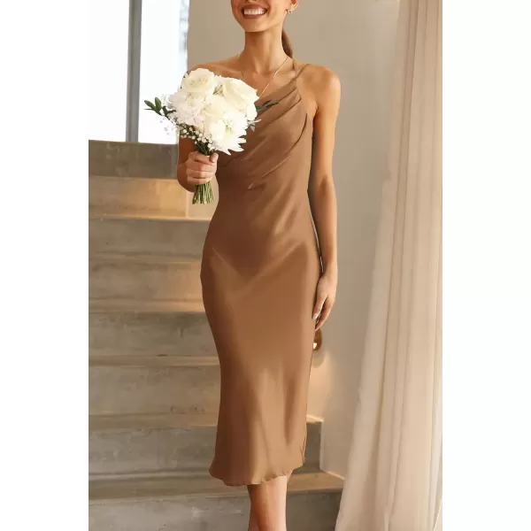 imagePRETTYGARDEN Womens Midi Satin Dress One Shoulder Spaghetti Strap Backless Ruched Summer Bodycon DressesBrown