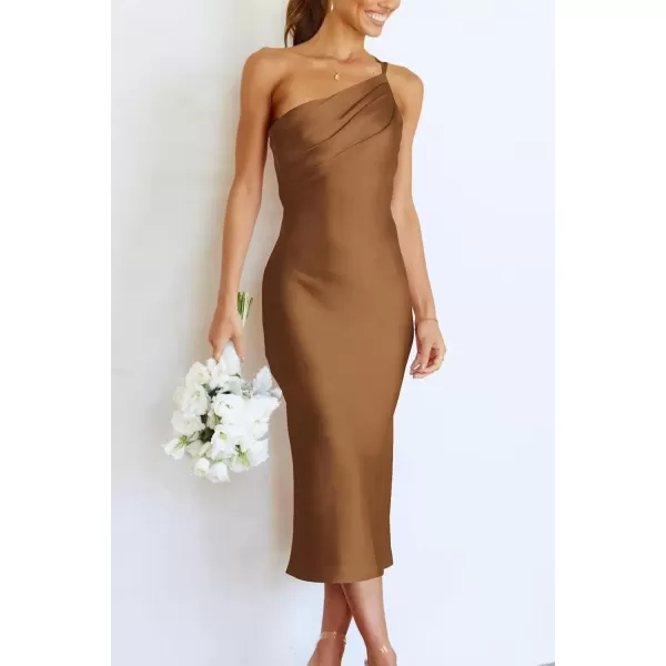 imagePRETTYGARDEN Womens Midi Satin Dress One Shoulder Spaghetti Strap Backless Ruched Summer Bodycon DressesBrown