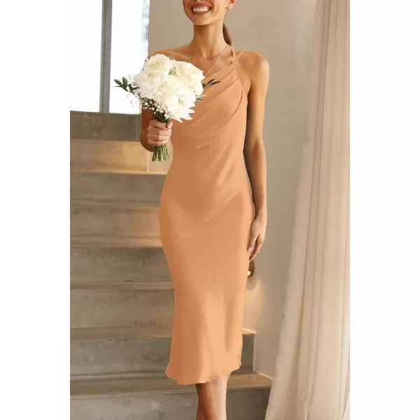 imagePRETTYGARDEN Womens Midi Satin Dress One Shoulder Spaghetti Strap Backless Ruched Summer Bodycon DressesChampagne