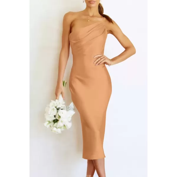 imagePRETTYGARDEN Womens Midi Satin Dress One Shoulder Spaghetti Strap Backless Ruched Summer Bodycon DressesChampagne
