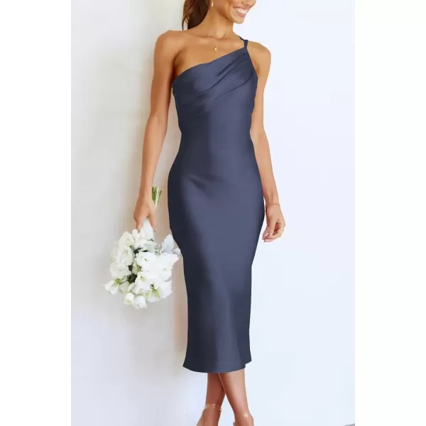 imagePRETTYGARDEN Womens Midi Satin Dress One Shoulder Spaghetti Strap Backless Ruched Summer Bodycon DressesDark Grey Blue