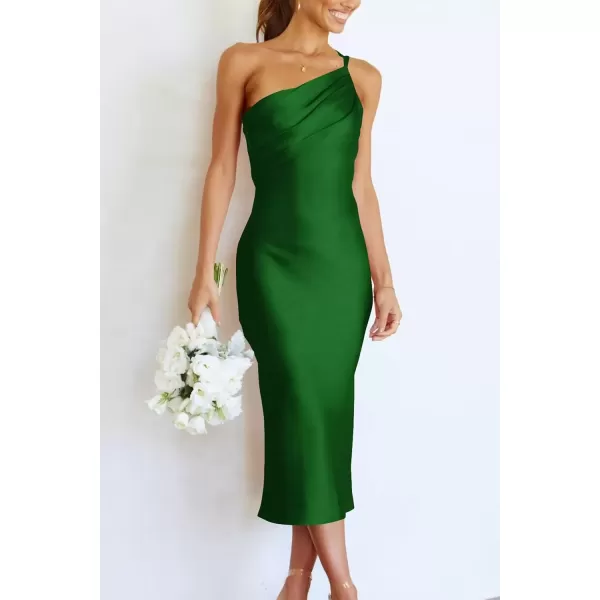imagePRETTYGARDEN Womens Midi Satin Dress One Shoulder Spaghetti Strap Backless Ruched Summer Bodycon DressesGreen