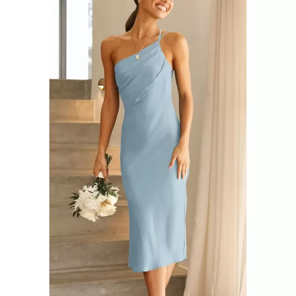 imagePRETTYGARDEN Womens Midi Satin Dress One Shoulder Spaghetti Strap Backless Ruched Summer Bodycon DressesLight Blue