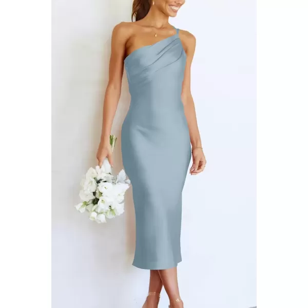 imagePRETTYGARDEN Womens Midi Satin Dress One Shoulder Spaghetti Strap Backless Ruched Summer Bodycon DressesLight Blue