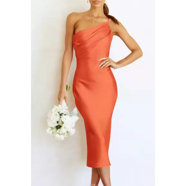 imagePRETTYGARDEN Womens Midi Satin Dress One Shoulder Spaghetti Strap Backless Ruched Summer Bodycon DressesOrange