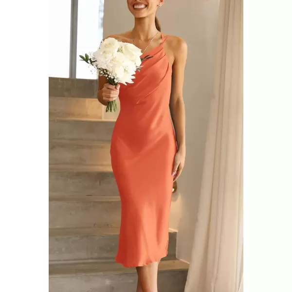 imagePRETTYGARDEN Womens Midi Satin Dress One Shoulder Spaghetti Strap Backless Ruched Summer Bodycon DressesOrange