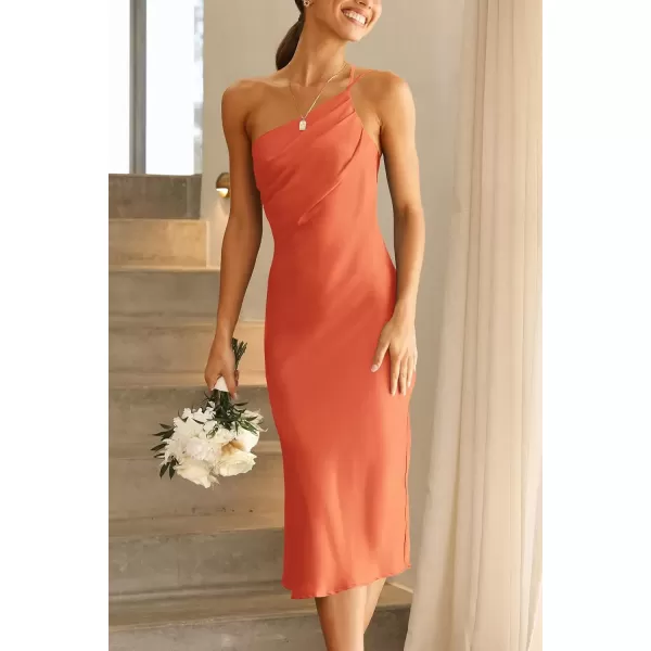 imagePRETTYGARDEN Womens Midi Satin Dress One Shoulder Spaghetti Strap Backless Ruched Summer Bodycon DressesOrange