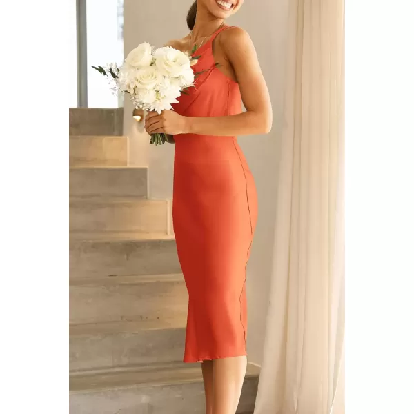 imagePRETTYGARDEN Womens Midi Satin Dress One Shoulder Spaghetti Strap Backless Ruched Summer Bodycon DressesOrange