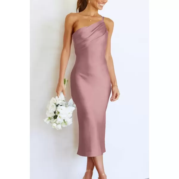 imagePRETTYGARDEN Womens Midi Satin Dress One Shoulder Spaghetti Strap Backless Ruched Summer Bodycon DressesPink