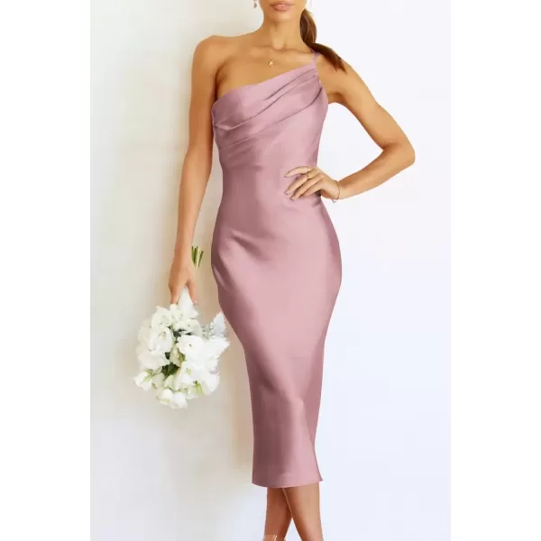 imagePRETTYGARDEN Womens Midi Satin Dress One Shoulder Spaghetti Strap Backless Ruched Summer Bodycon DressesPink