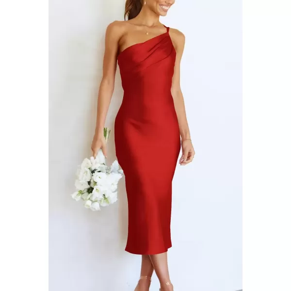 imagePRETTYGARDEN Womens Midi Satin Dress One Shoulder Spaghetti Strap Backless Ruched Summer Bodycon DressesRed