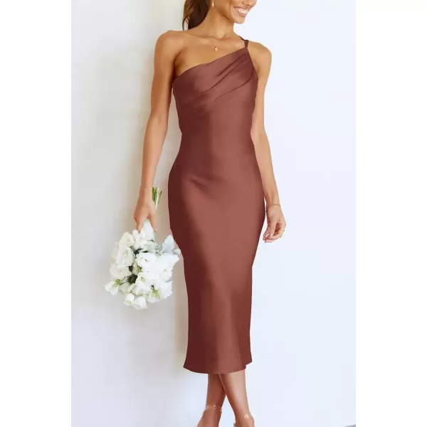 imagePRETTYGARDEN Womens Midi Satin Dress One Shoulder Spaghetti Strap Backless Ruched Summer Bodycon DressesRed Brown
