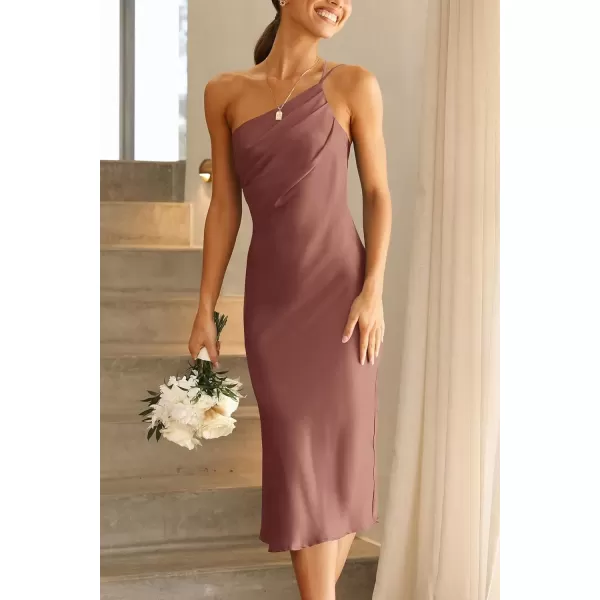 imagePRETTYGARDEN Womens Midi Satin Dress One Shoulder Spaghetti Strap Backless Ruched Summer Bodycon DressesRed Brown