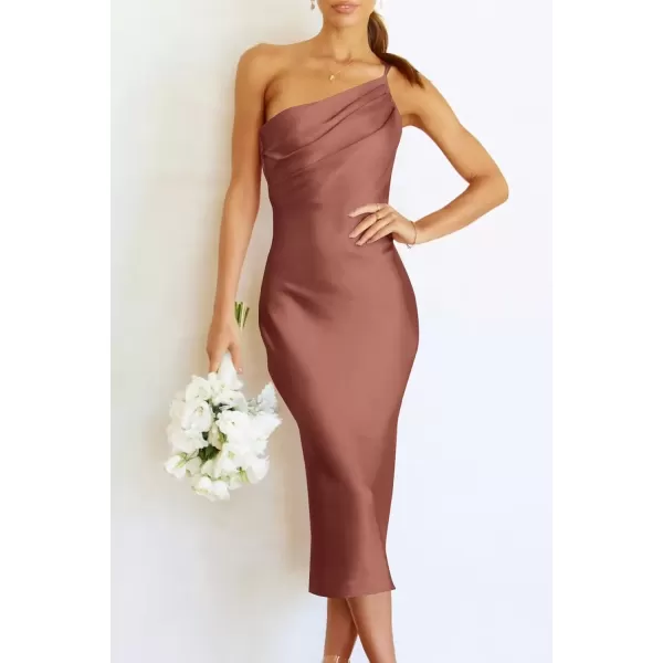 imagePRETTYGARDEN Womens Midi Satin Dress One Shoulder Spaghetti Strap Backless Ruched Summer Bodycon DressesRed Brown
