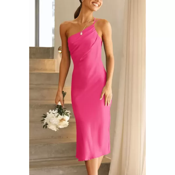 imagePRETTYGARDEN Womens Midi Satin Dress One Shoulder Spaghetti Strap Backless Ruched Summer Bodycon DressesRose Red