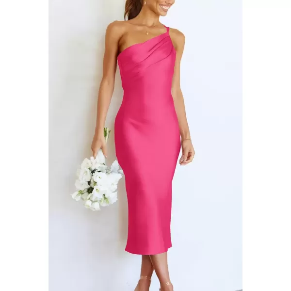 imagePRETTYGARDEN Womens Midi Satin Dress One Shoulder Spaghetti Strap Backless Ruched Summer Bodycon DressesRose Red