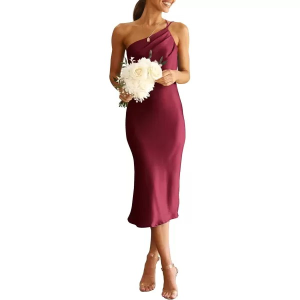 imagePRETTYGARDEN Womens Midi Satin Dress One Shoulder Spaghetti Strap Backless Ruched Summer Bodycon DressesWine Red
